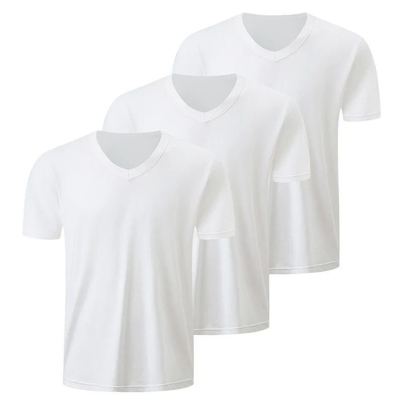 1/2/3 Pcs Men's Solid Color Casual Small White T Youth Loose Joker Classic V-neck Comfortable Short Sleeve Simple Fashion T-shir - Image 2